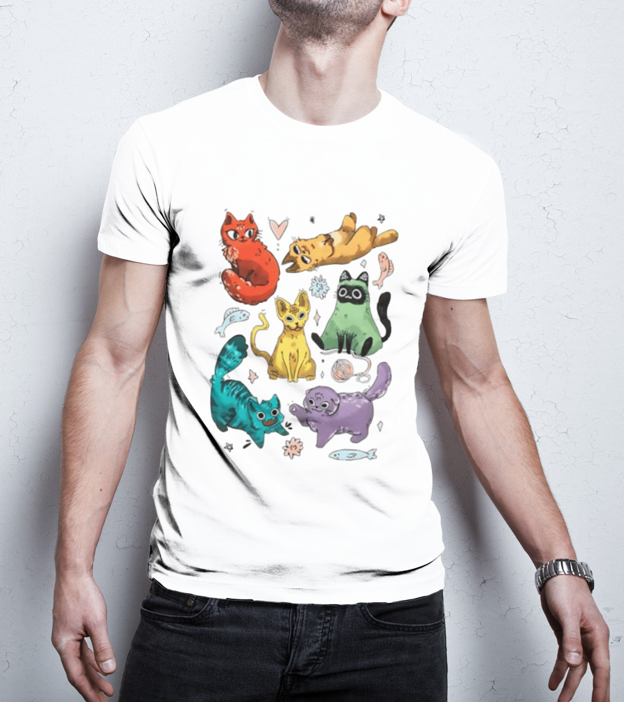 Whimsical Colorful Cats And Rainbow Hearts Collage T-Shirt