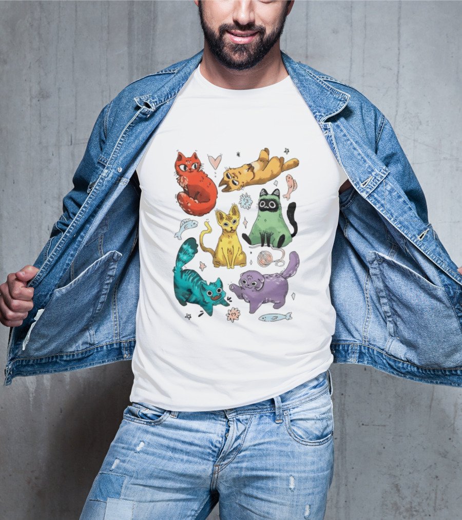 Whimsical Colorful Cats And Rainbow Hearts Collage T-Shirt