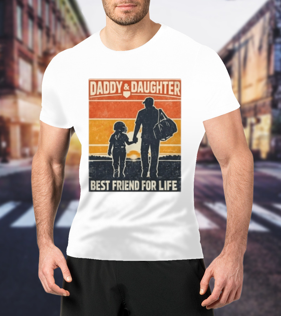 Daddy & Daughter Best Friend For Life Baseball Softball Silhouette Retro Sunset T-Shirt