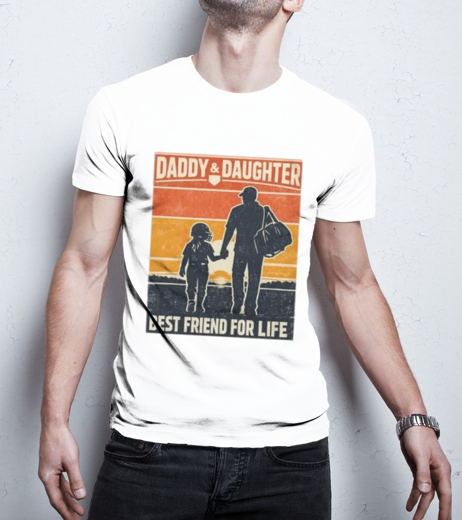 Daddy & Daughter Best Friend For Life Baseball Softball Silhouette Retro Sunset T-Shirt