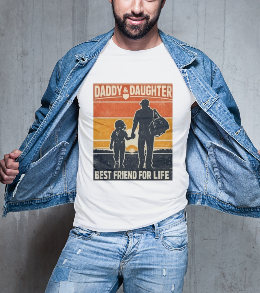 Daddy & Daughter Best Friend For Life Baseball Softball Silhouette Retro Sunset T-Shirt