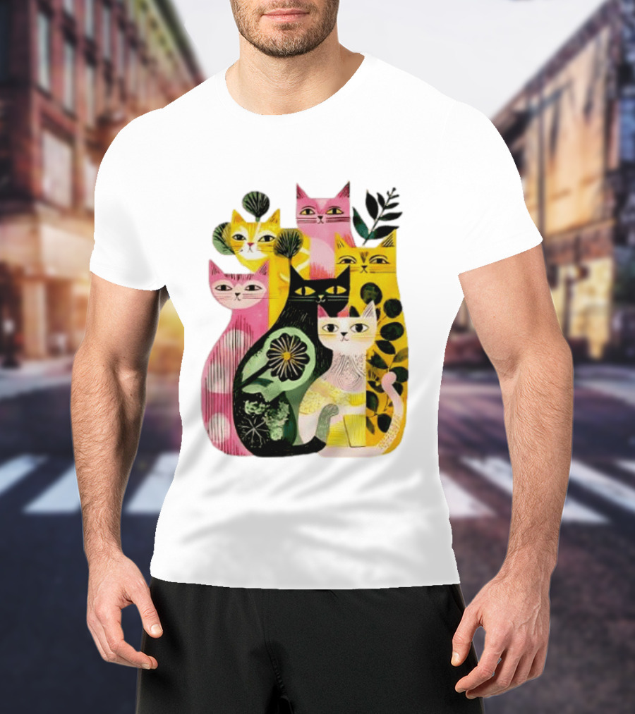 Vibrant Stylized Cats Botanical Foliage Whimsical T-Shirt