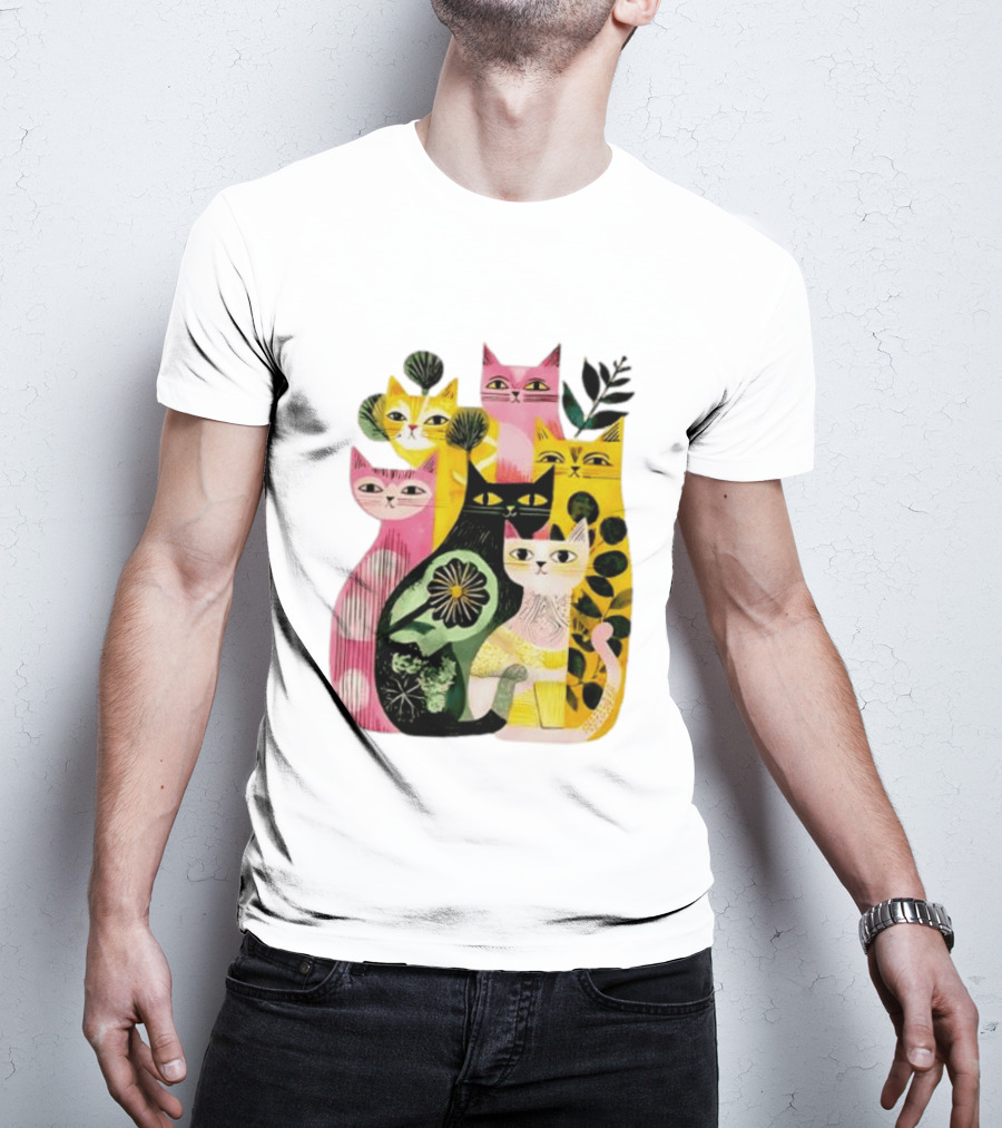 Vibrant Stylized Cats Botanical Foliage Whimsical T-Shirt