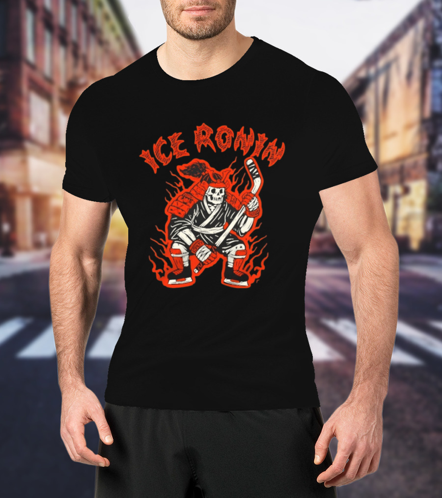 Ice Ronin Samurai Skull Hockey Stick Flames T-Shirt