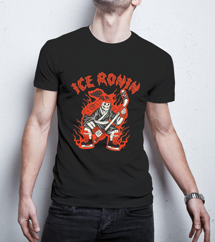 Ice Ronin Samurai Skull Hockey Stick Flames T-Shirt
