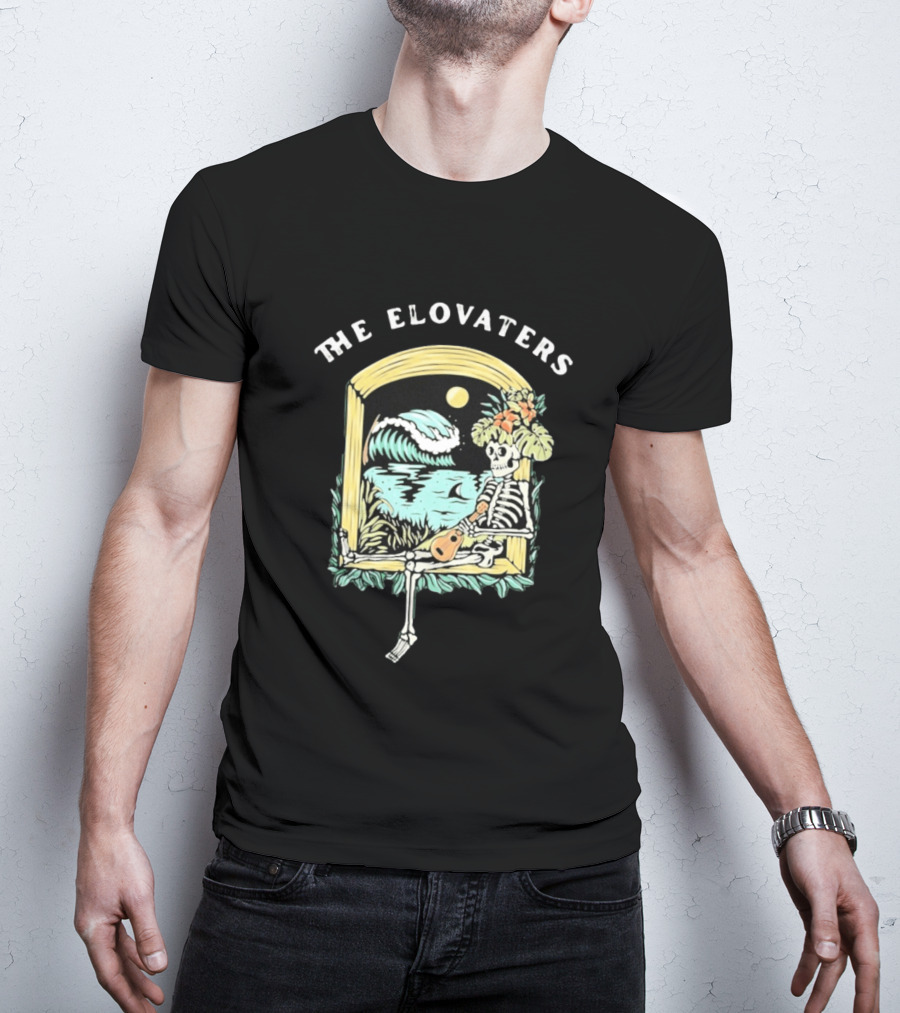 The Elovaters Endless Summer Skeleton Surfing Ukulele Moonlight Scene T-Shirt
