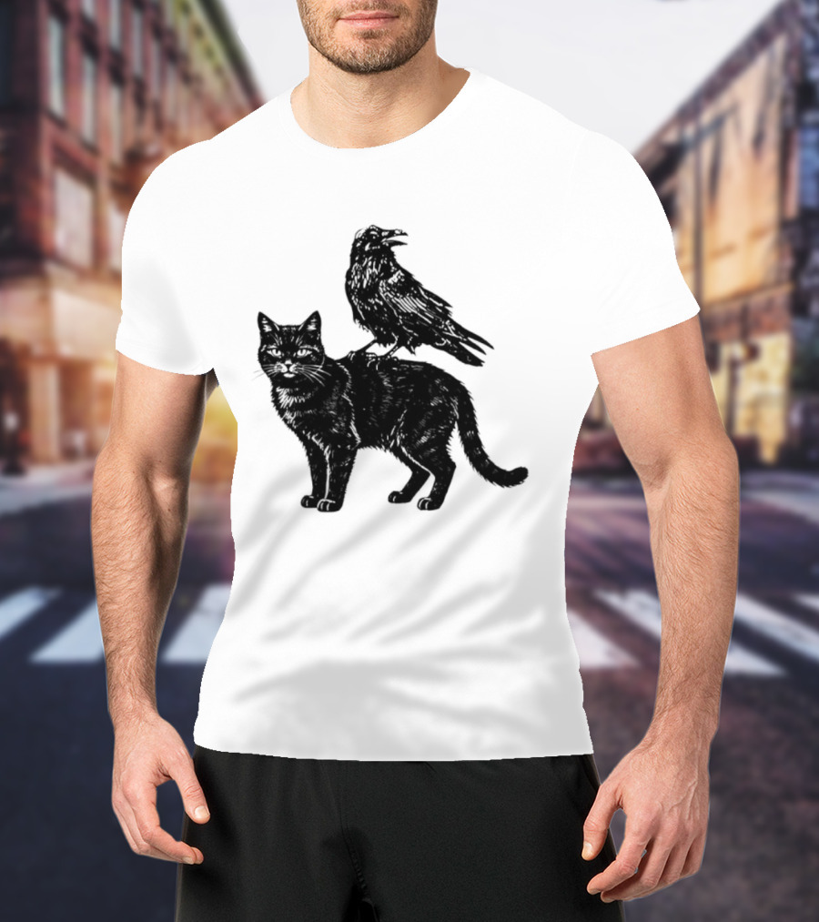 Black Cat And Raven Silhouette Duo T-Shirt