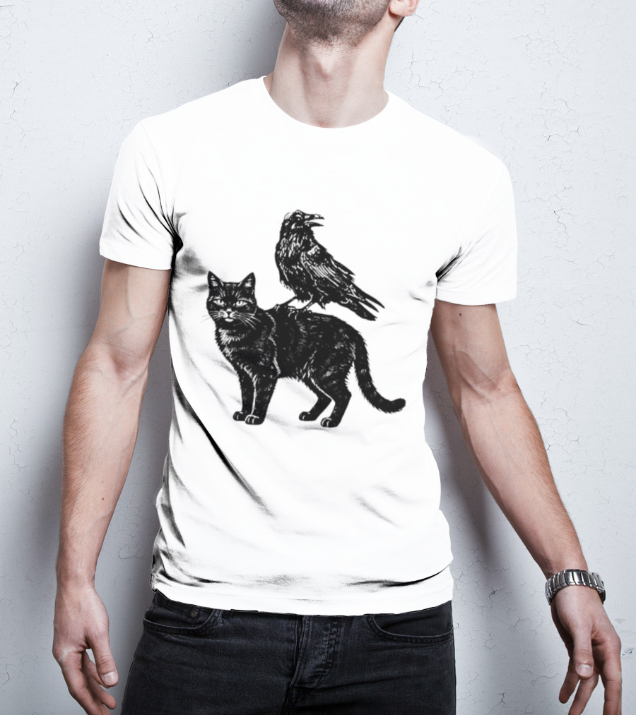 Black Cat And Raven Silhouette Duo T-Shirt