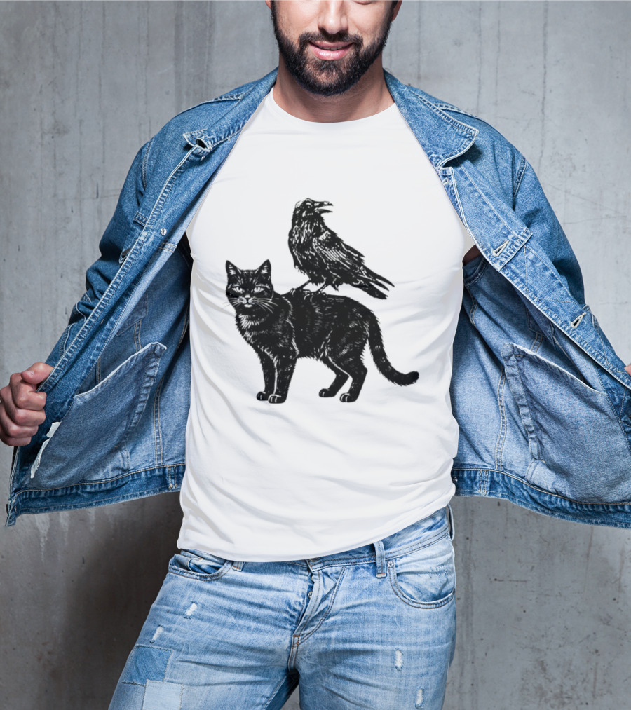 Black Cat And Raven Silhouette Duo T-Shirt