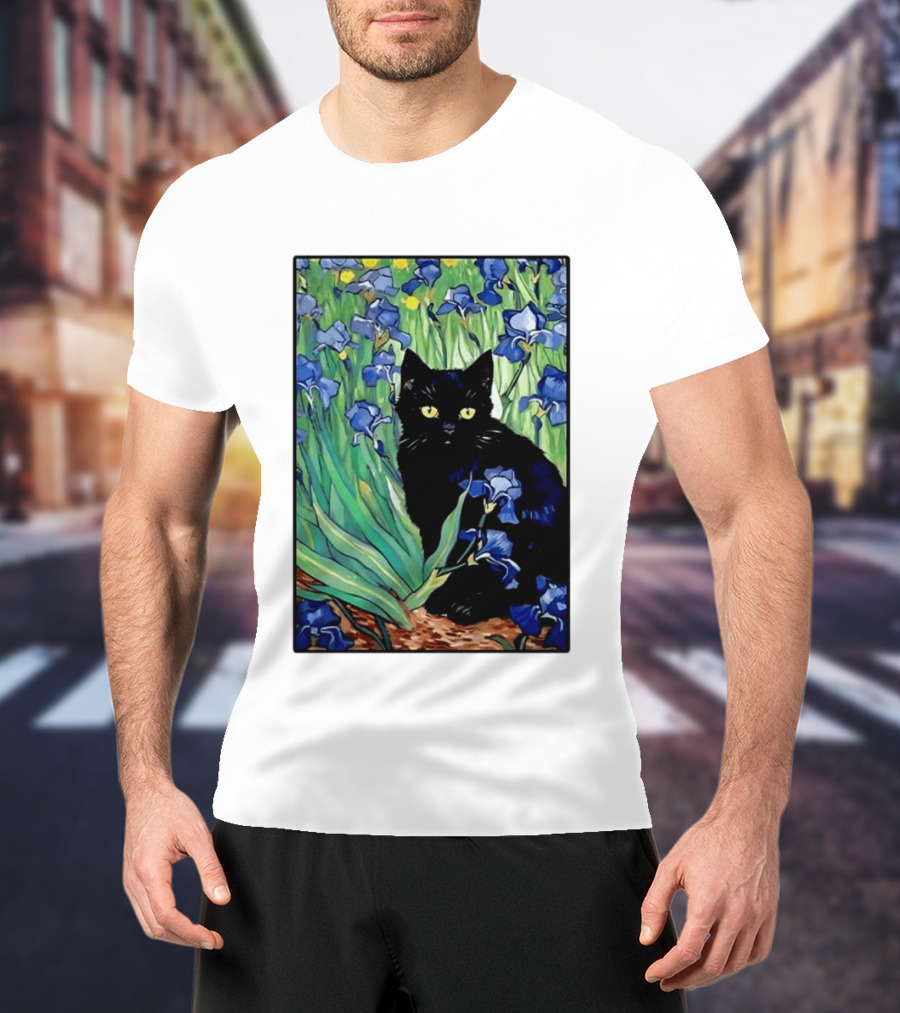 Black Cat With Van Gogh Irises Painting T-Shirt