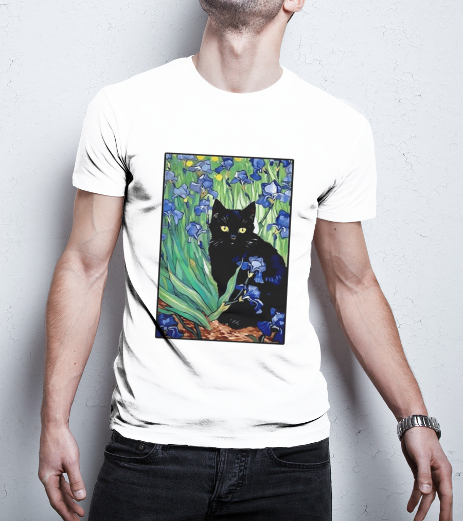 Black Cat With Van Gogh Irises Painting T-Shirt