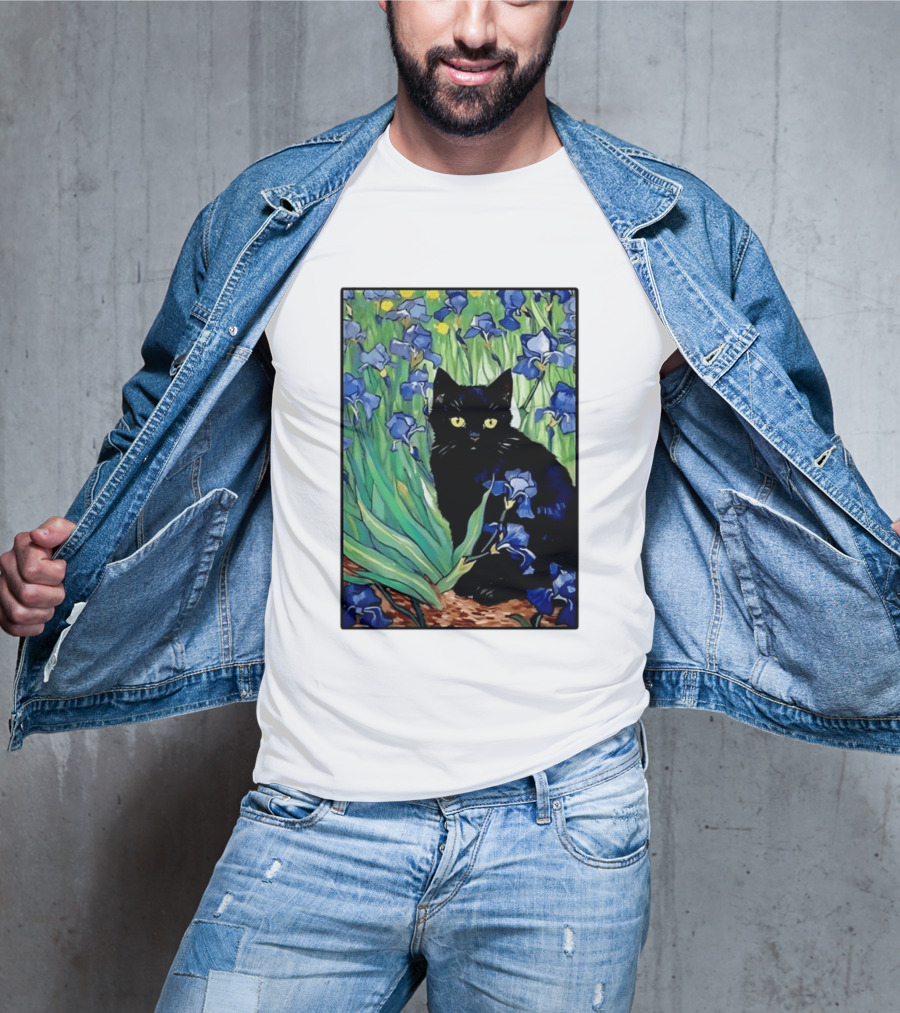 Black Cat With Van Gogh Irises Painting T-Shirt