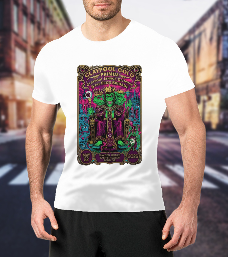 Claypool Gold Primus Claypool Lennon Delirium And The Frog Brigade Hayden Homes Amphitheater Bend Oregon May 22 2026 Gig T-Shirt
