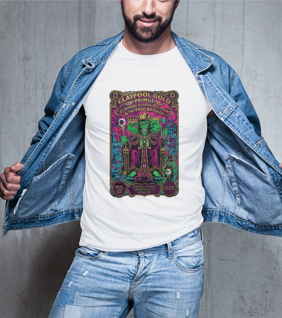 Claypool Gold Primus Claypool Lennon Delirium And The Frog Brigade Hayden Homes Amphitheater Bend Oregon May 22 2026 Gig T-Shirt