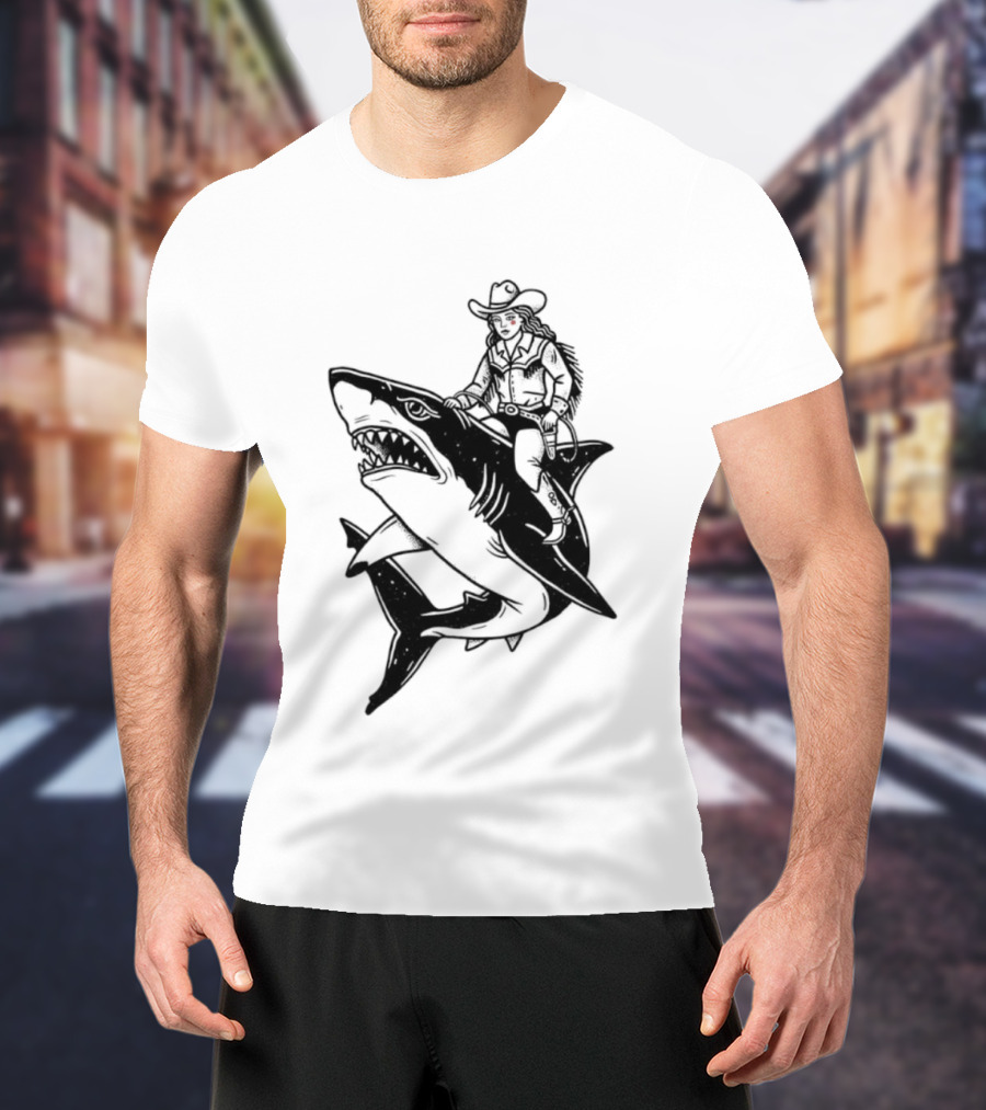 Cowgirl Riding Shark Novelty T-Shirt