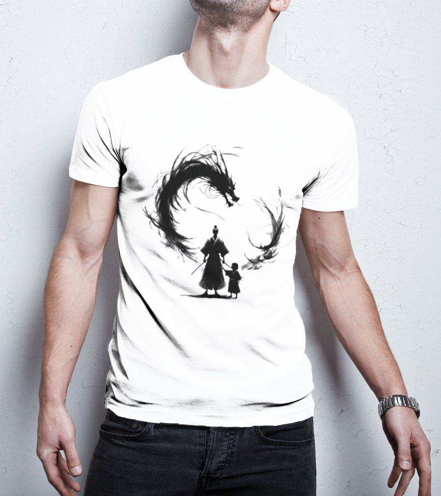 Samurai And Son With Black Dragon Circle T-Shirt