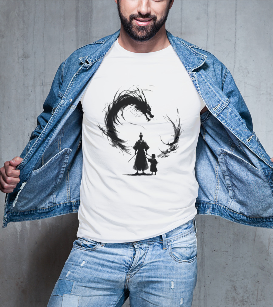Samurai And Son With Black Dragon Circle T-Shirt