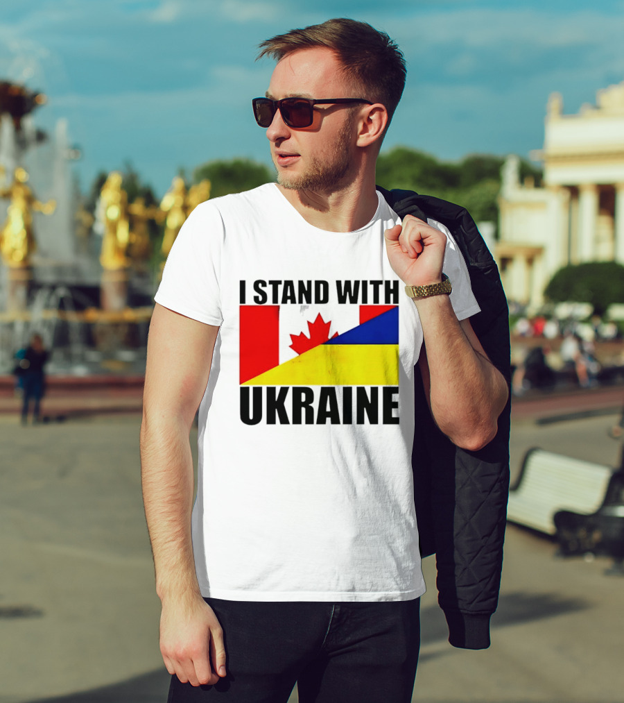 I Stand With Ukraine Canada Flag Maple Leaf Yellow Blue T-Shirt