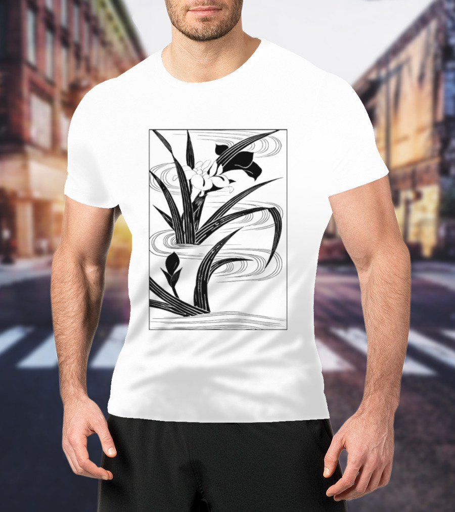 Japanese Black And White Irises In Water With Flowing Waves T-Shirt