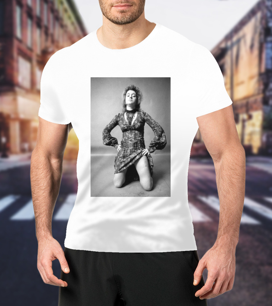 Valie Export Iconic Performance Tribute Kneeling Image With Patterned Dress And Belt T-Shirt