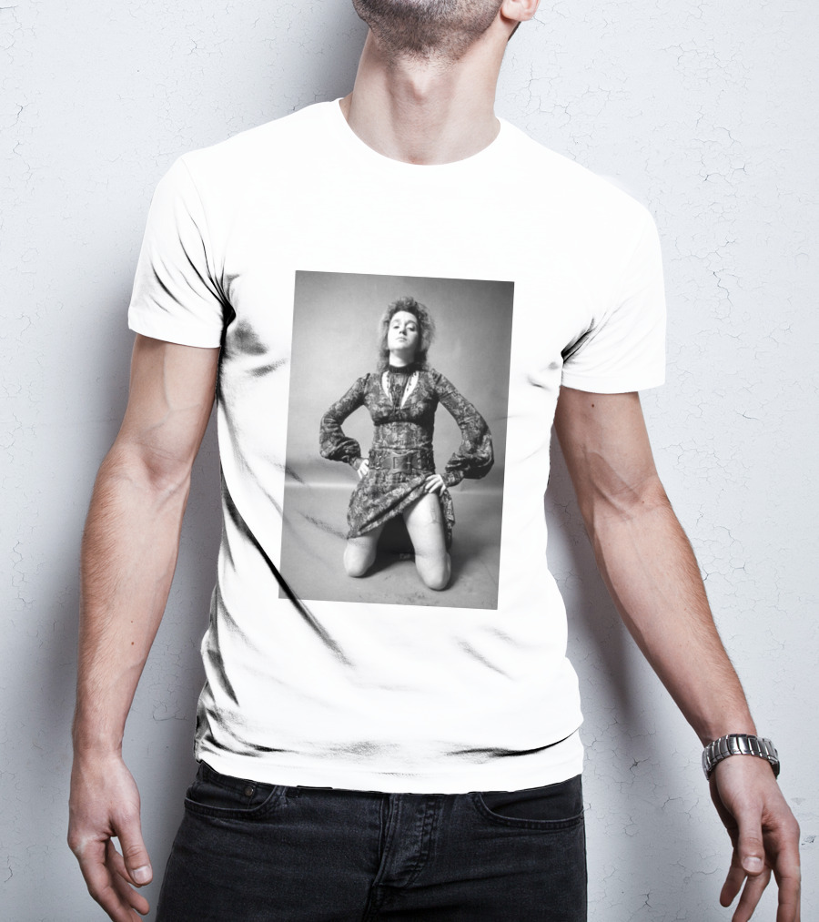 Valie Export Iconic Performance Tribute Kneeling Image With Patterned Dress And Belt T-Shirt