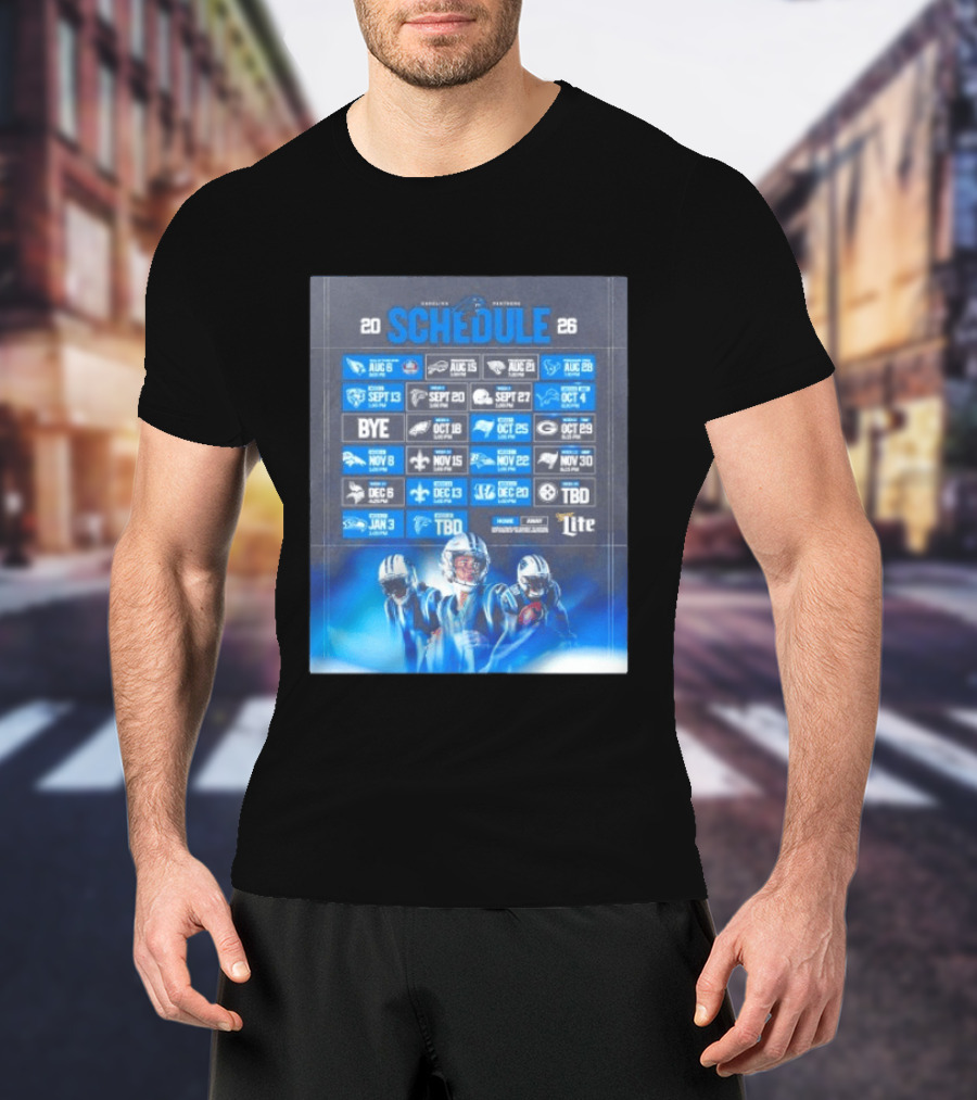 Carolina Panthers 2026 Game Schedule With Player Imagery And Opponent Logos T-Shirt