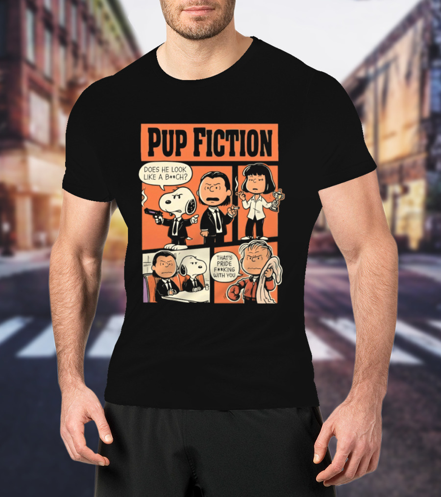 Pup Fiction Peanuts And Pulp Fiction Characters Mashup T-Shirt