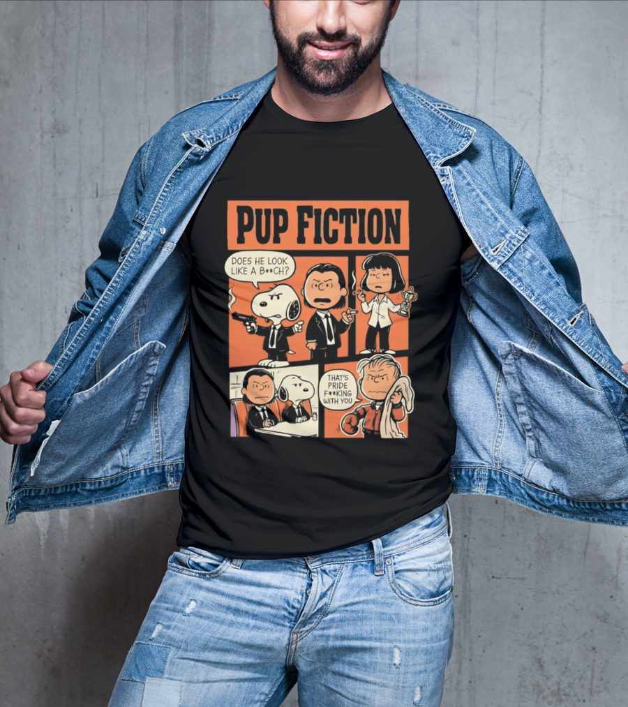 Pup Fiction Peanuts And Pulp Fiction Characters Mashup T-Shirt