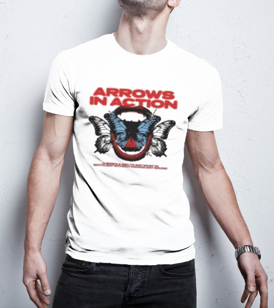 Arrows In Action Red Text Blue Butterfly T-Shirt