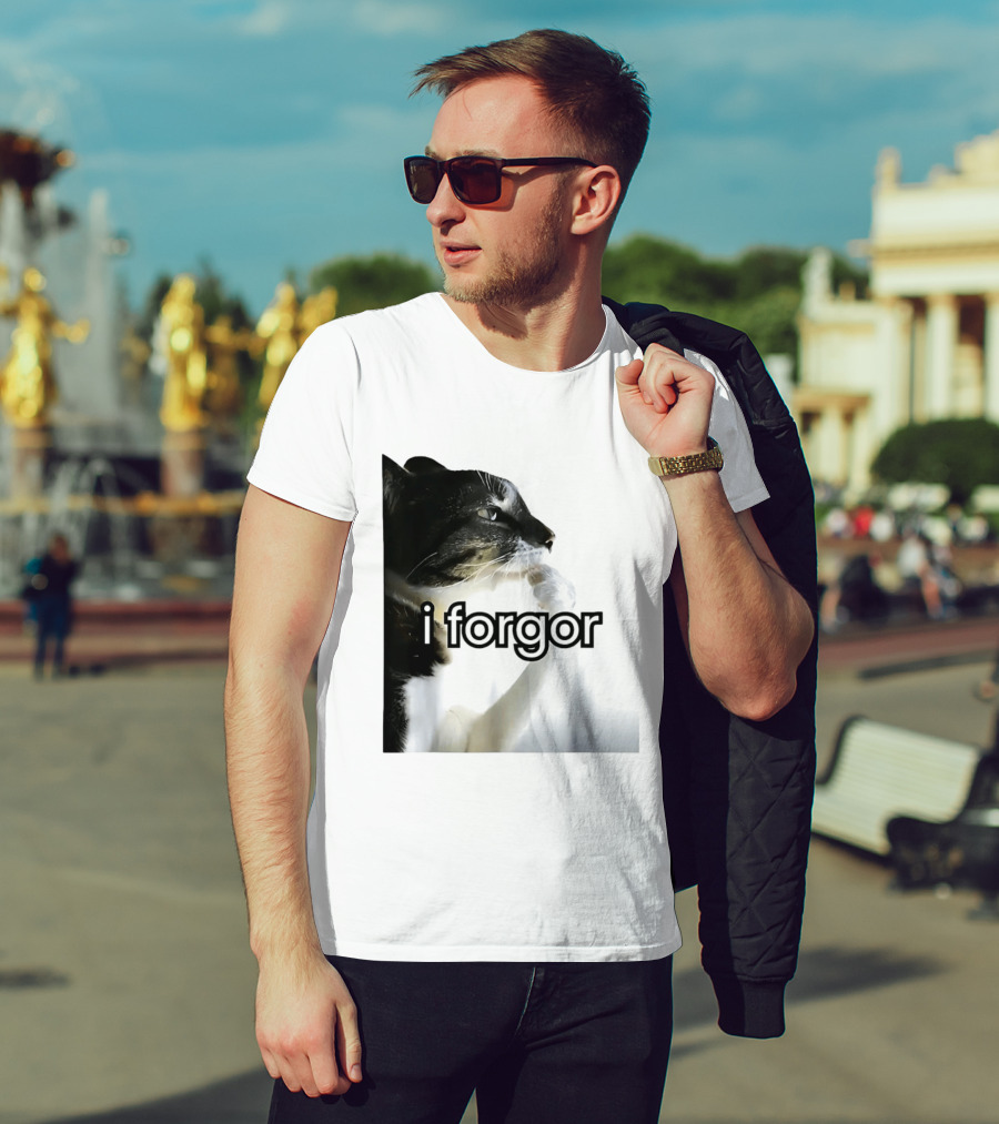 Cat I Forgor Meme Digital Image Paw Licking Pensive Moment T-Shirt