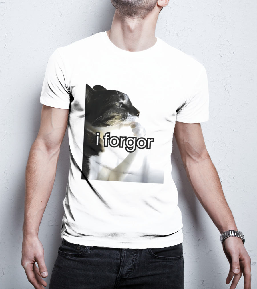 Cat I Forgor Meme Digital Image Paw Licking Pensive Moment T-Shirt