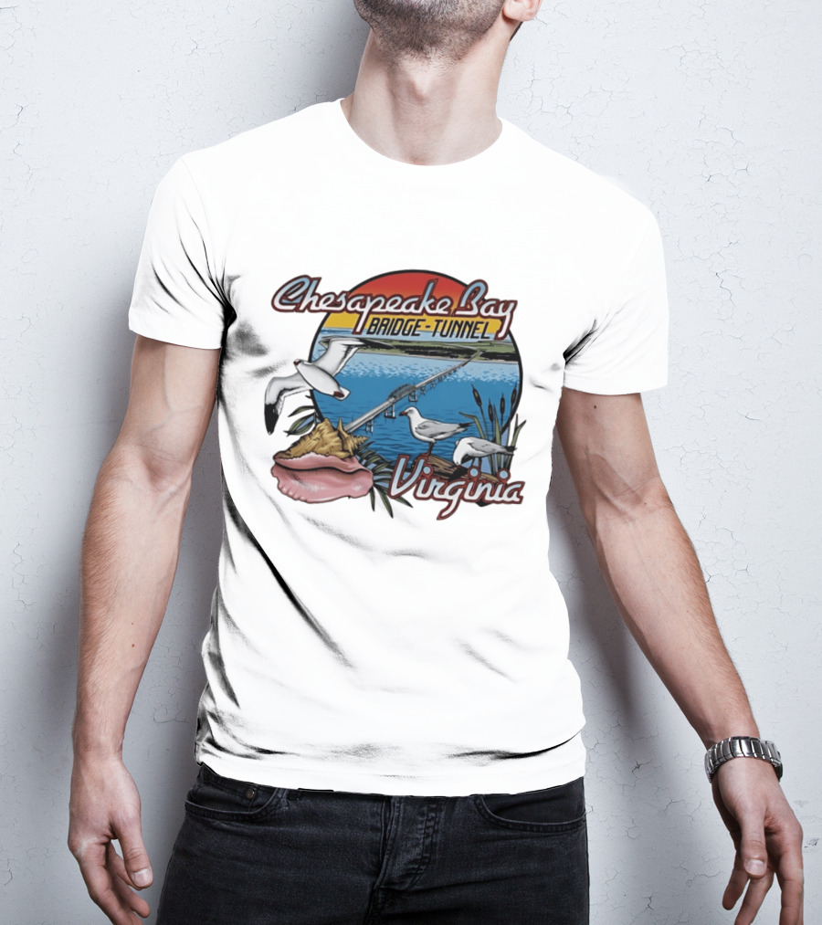 Chesapeake Bay Bridge Tunnel Virginia Seagulls Sunset Scene T-Shirt