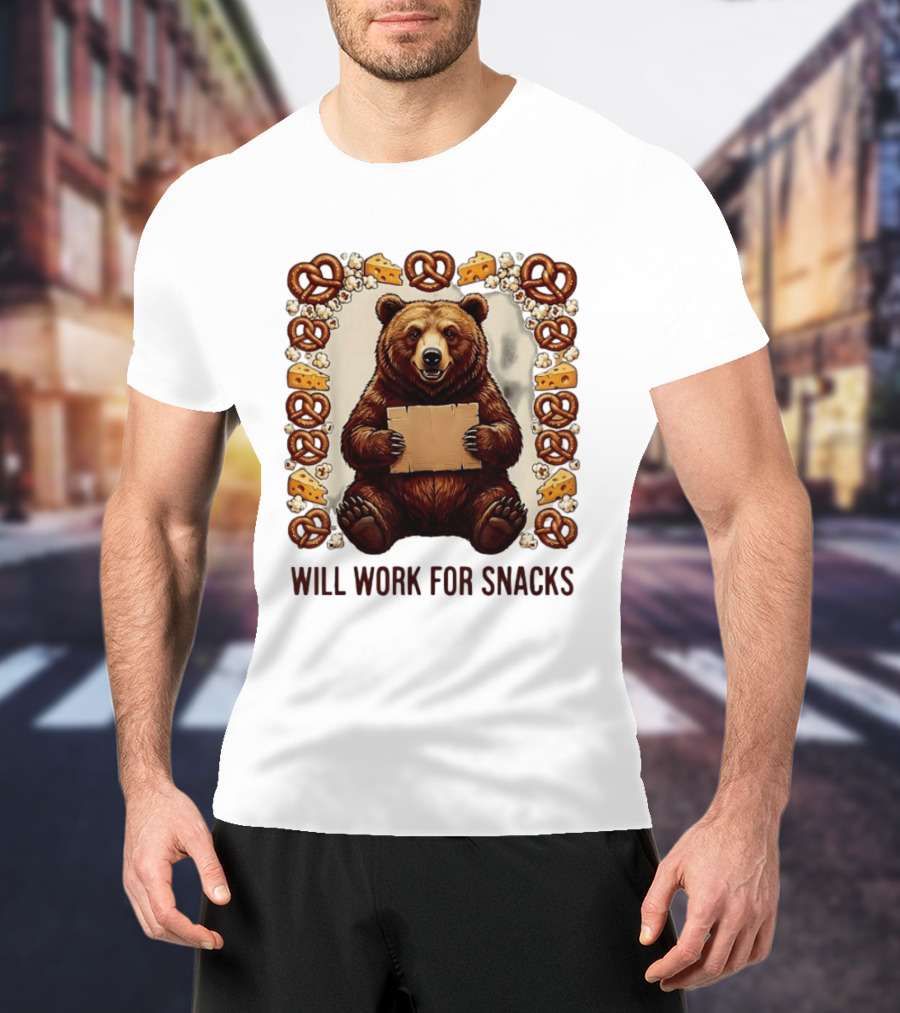 Bear Holding Cardboard Surrounded By Pretzels Cheese Popcorn Will Work For Snacks T-Shirt