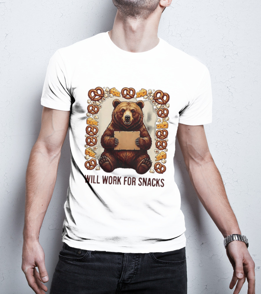 Bear Holding Cardboard Surrounded By Pretzels Cheese Popcorn Will Work For Snacks T-Shirt