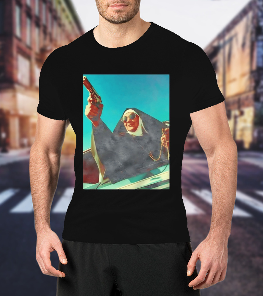 Nun In Black Habit Leaning Out Lowrider With Gun And Rosary T-Shirt