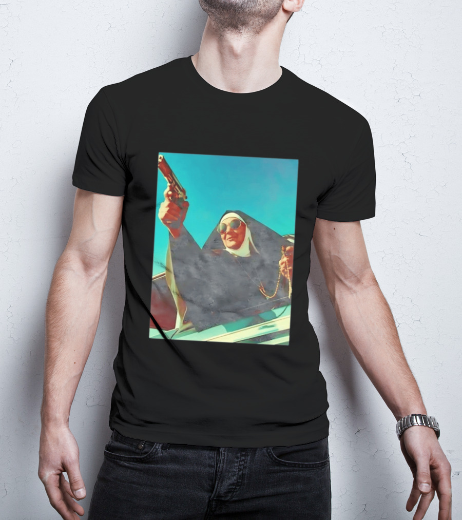 Nun In Black Habit Leaning Out Lowrider With Gun And Rosary T-Shirt