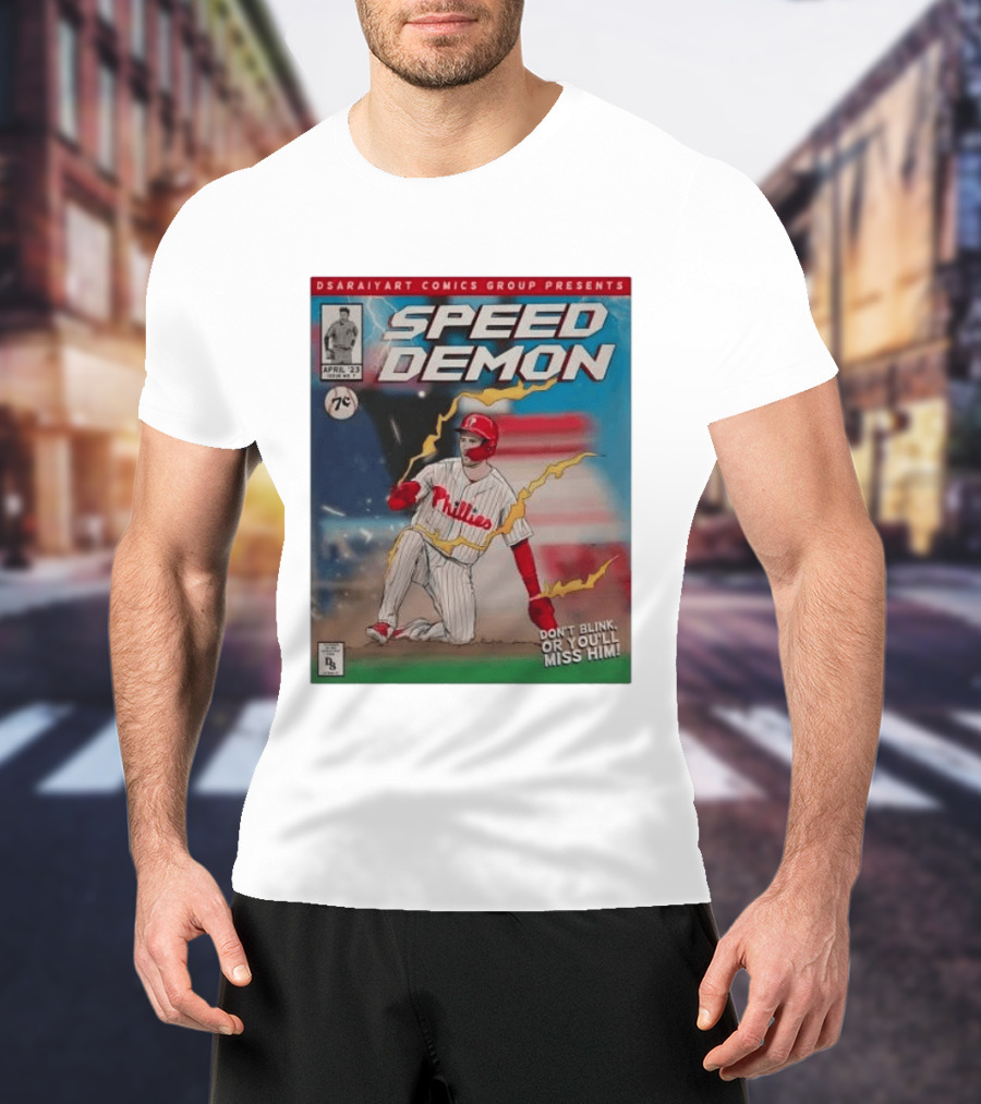 DSaraiyart Speed Demon Phillies April 23 Comics Group Don't Blink Trea Turner T-Shirt