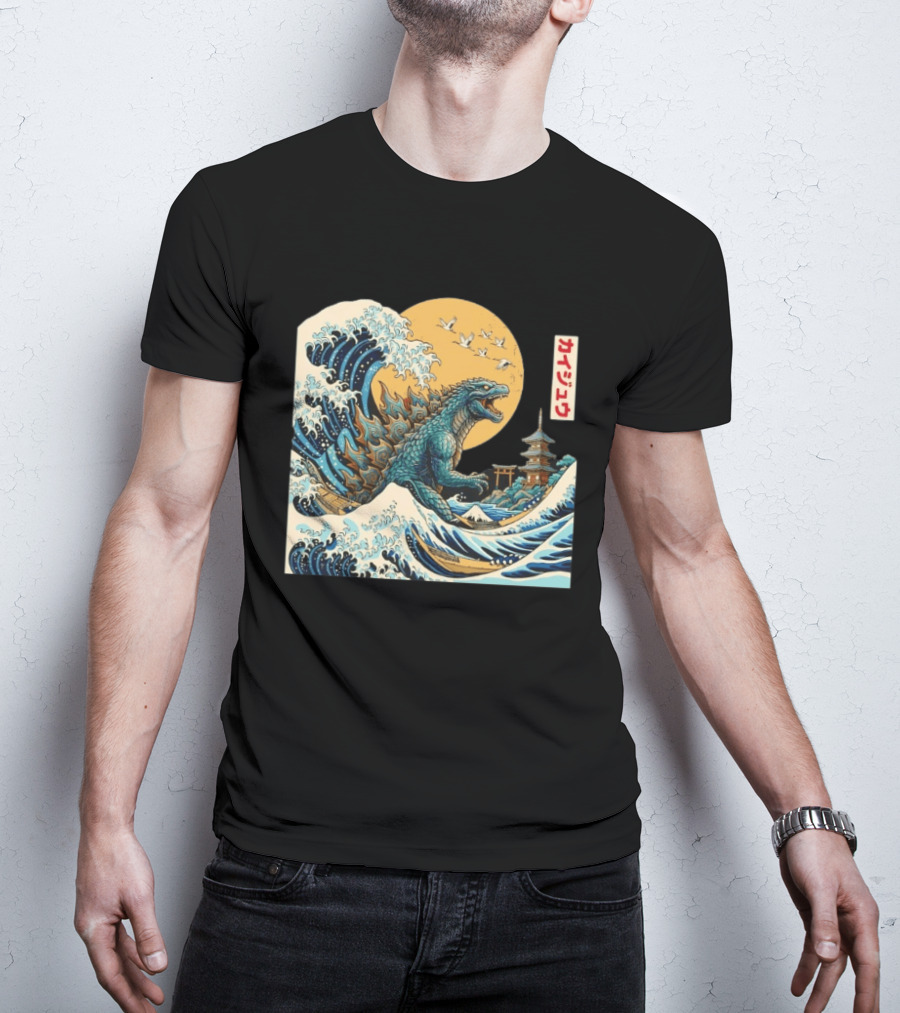Kaiju Wave Monster Japanese Kawaki Kanji Pagoda Ukiyo E T-Shirt