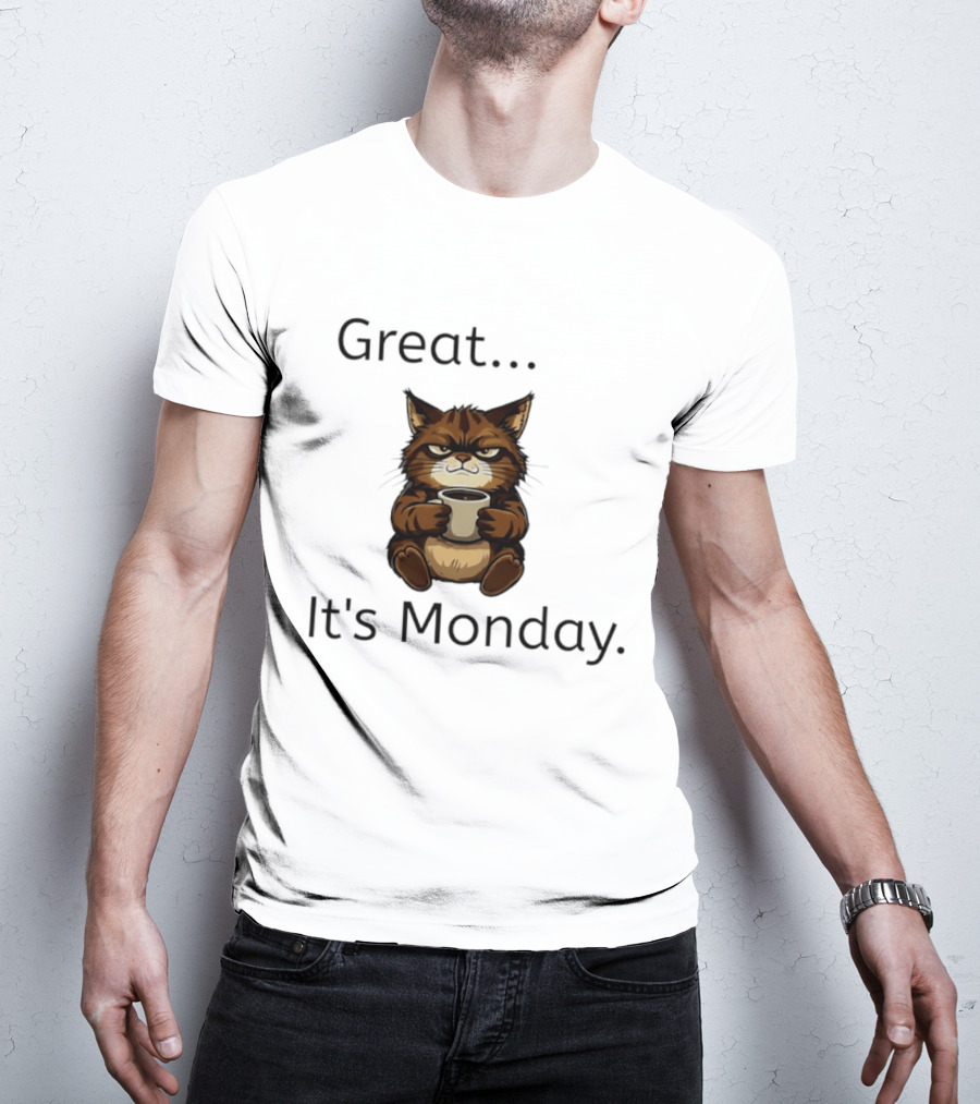 Great It's Monday Mood Cat With Coffee T-Shirt