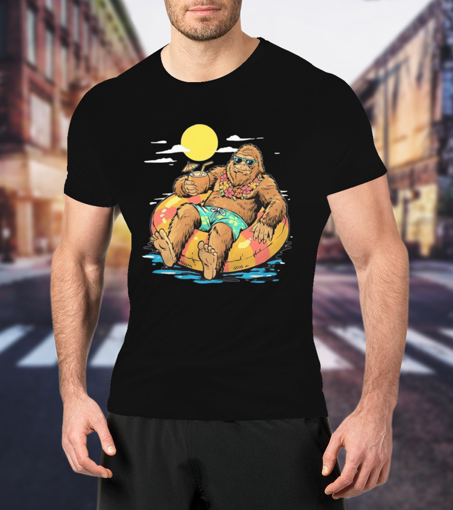 Bigfoot Lounging With A Cocktail In Tropical Beach Getaway Scene T-Shirt
