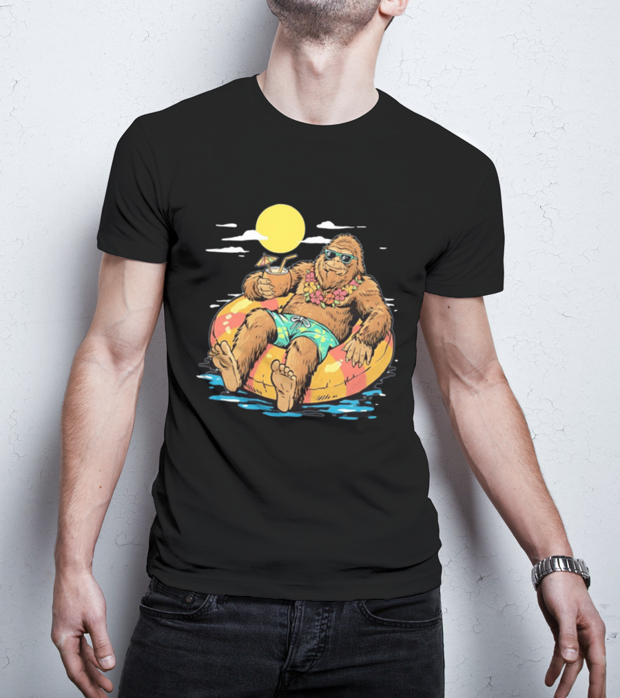 Bigfoot Lounging With A Cocktail In Tropical Beach Getaway Scene T-Shirt