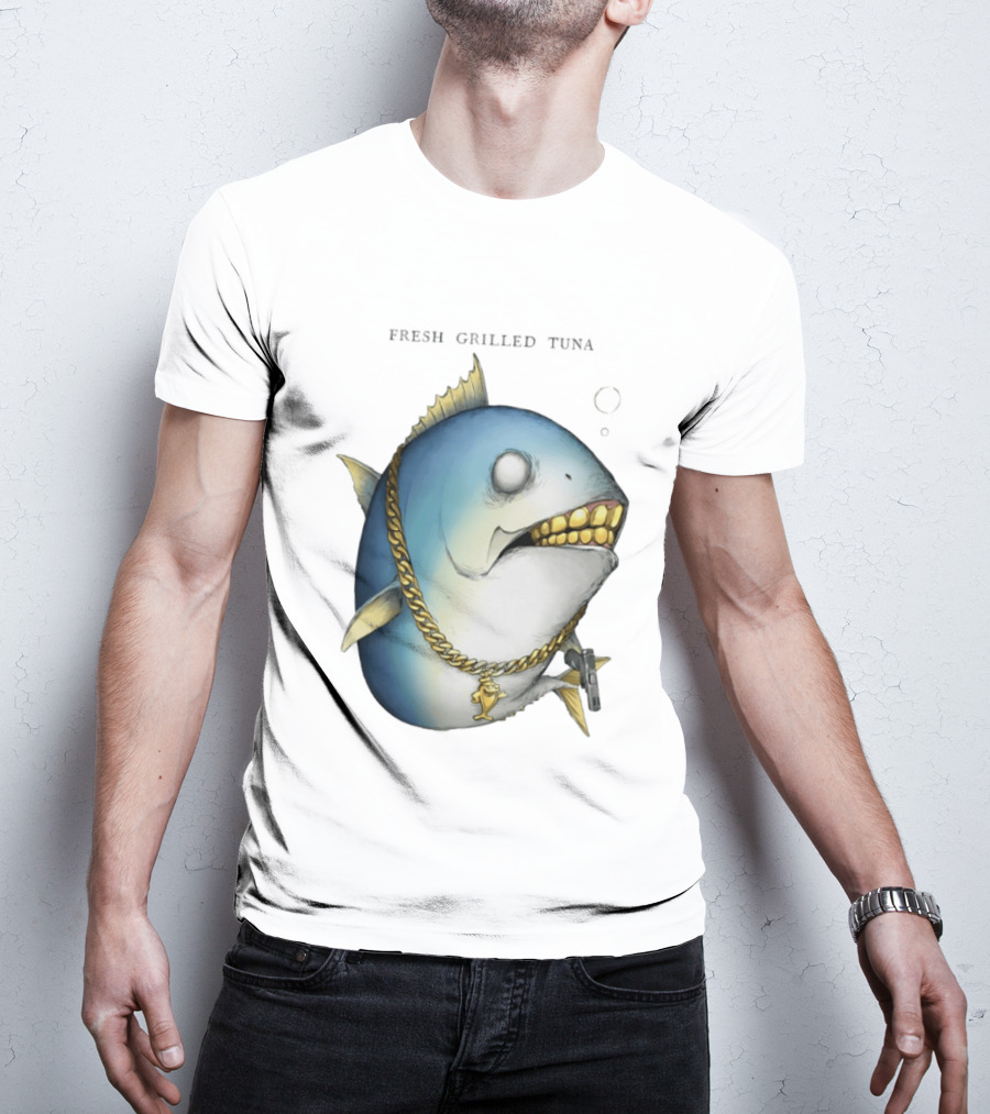 Fish Gun Fresh Grilled Tuna Gangster Chain Gold Teeth T-Shirt