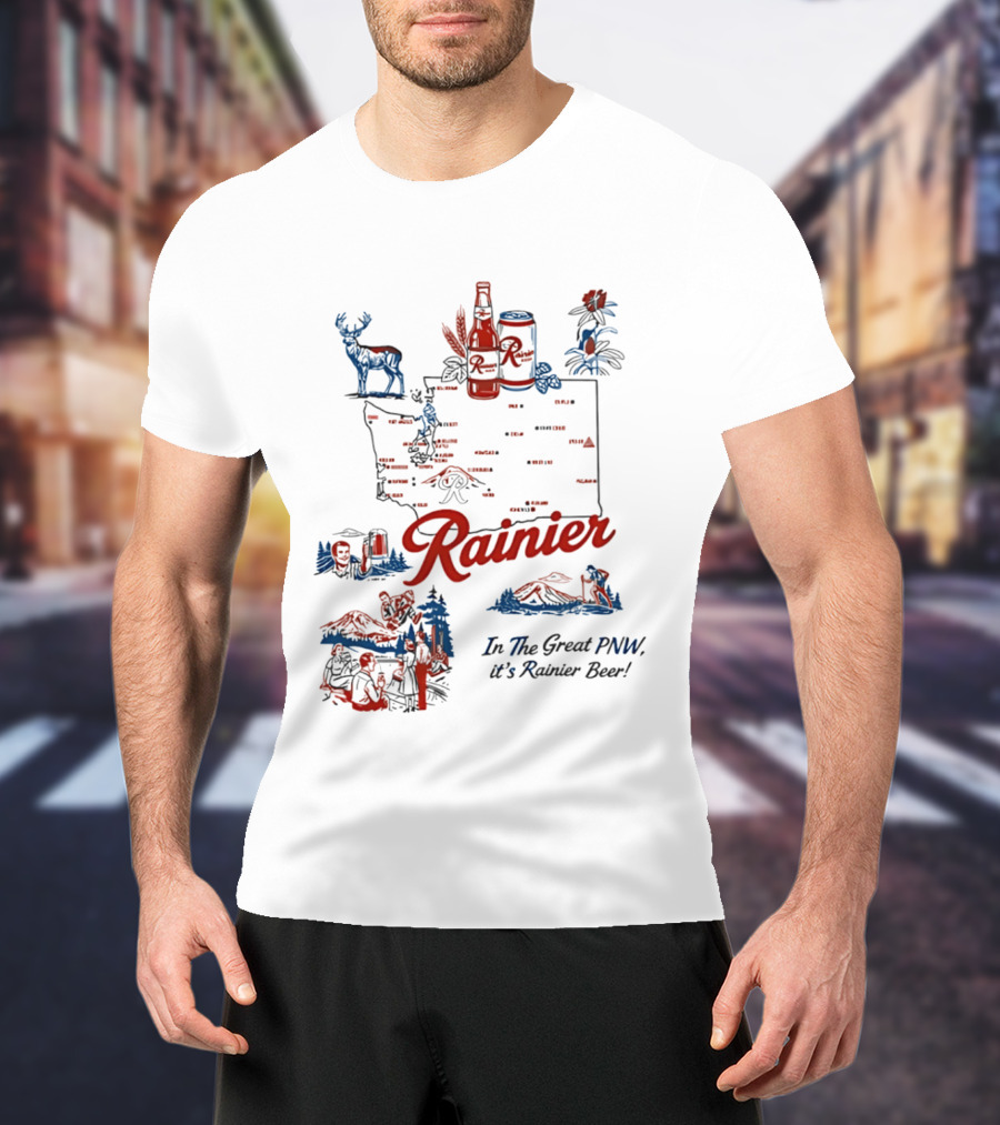 Rainier Beer In The Great PNW Rainier Beer Doodle Washington State Map Wilderness Scene T-Shirt
