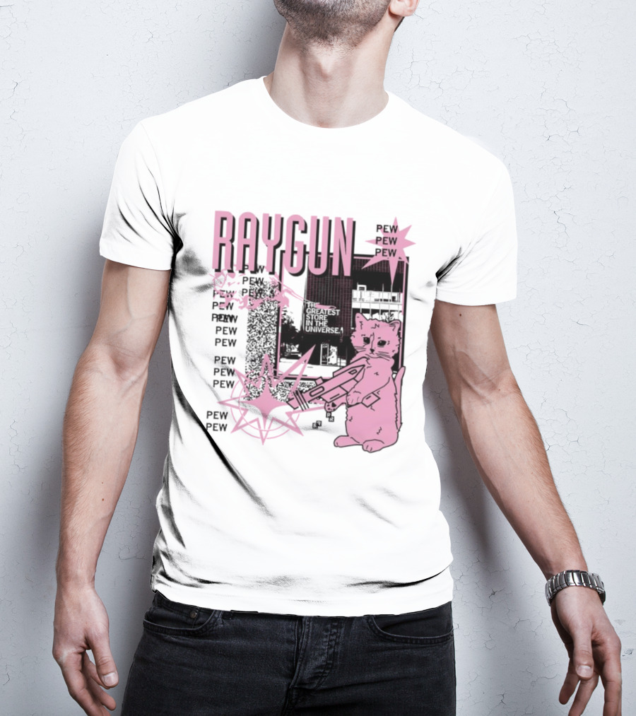 RAYGUN Cat Pew Pew Sci Fi Retro Feline Blaster Adventure T-Shirt