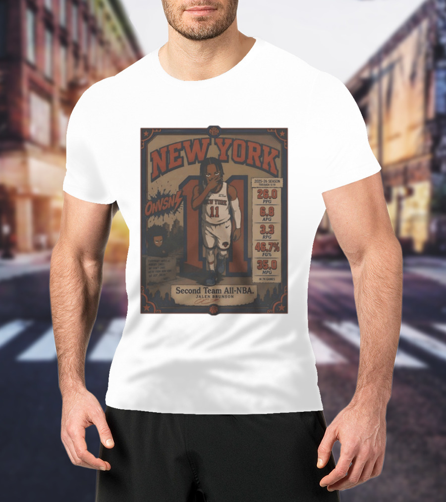 New York Knicks Jalen Brunson Second Team All NBA 2025 26 Season Stats And Animation T-Shirt
