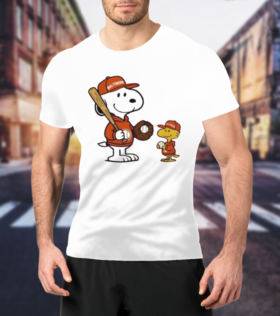 Snoopy Woodstock Baseball Baltimore Orioles Fan Gear T-Shirt