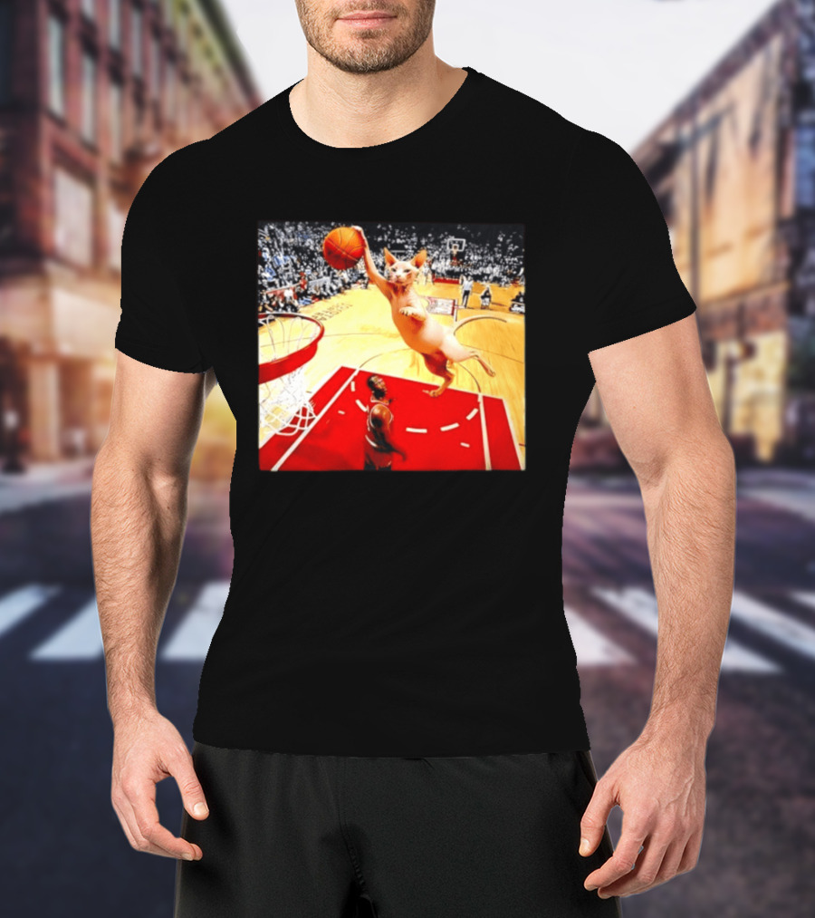 Sphynx Cat Slam Dunk Basketball Scene With Crowd T-Shirt