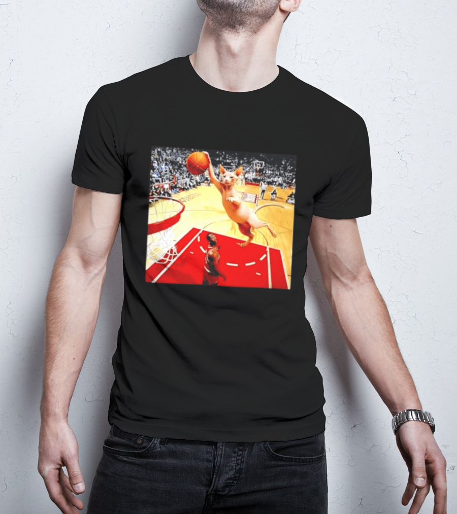 Sphynx Cat Slam Dunk Basketball Scene With Crowd T-Shirt
