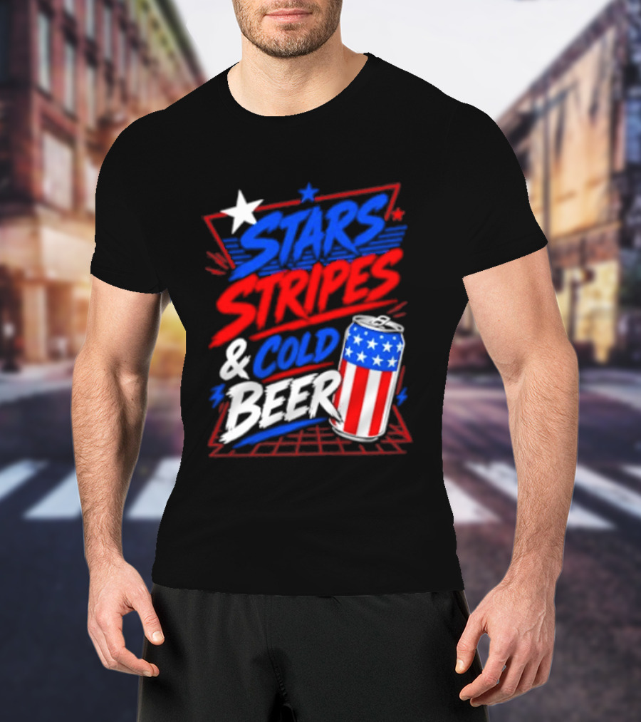 Stars Stripes And Cold Beer American Flag Can Patriotic Celebration T-Shirt