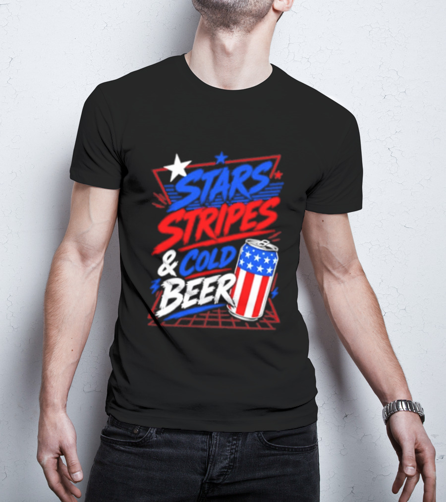 Stars Stripes And Cold Beer American Flag Can Patriotic Celebration T-Shirt